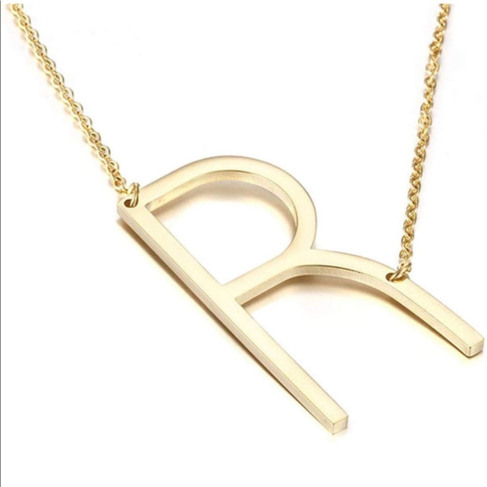 Large Gold Thin Initial Letter Necklace Charm Link R
